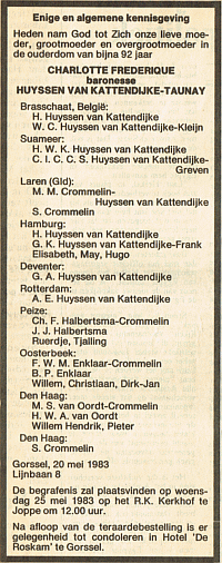 Overlijdensbericht C.F. Huyssen van Kattendijke-Taunay (1983)